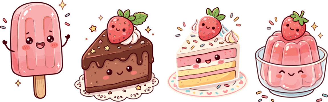 Cute kawaii sweet dessert sticker set with funny smiling cartoon characters including strawberry popsicle chocolate cake slice jelly and pudding vector illustration isolated on white background