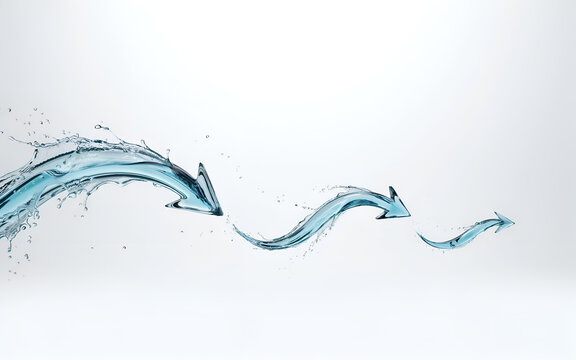Water arrows flowing and diminishing in size with splashes during studio lighting for concept