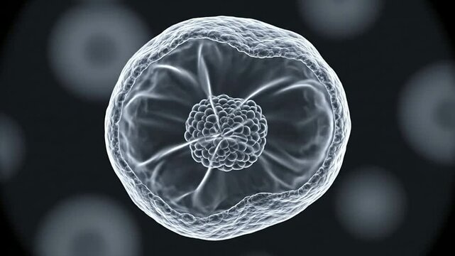 Microscopic View Of A Blastocyst Showing The Inner Cell Mass And Fluid-Filled Surrounding Space In A Dark Background