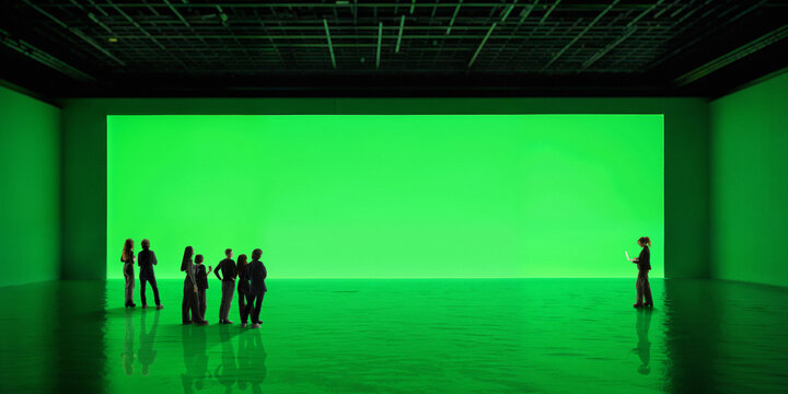 Group explores immersive green screen space with glossy reflections, large blank backdrop, and open panoramic layout. Fits virtual production, VFX, digital content, and technology campaigns.