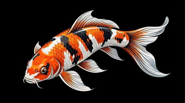Premium vector illustration of a Japanese koi carp viewed from above with realistic fin details and vibrant orange, black, and white markings. Suitable for branding, tattoo, aquatic themes, and decora