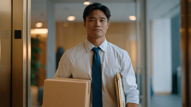 Filipino worker in a business shirt carries a boxed desk belonging in an elevator alone after being laid off, framed certificates tucked under his arm, dignified composure despite