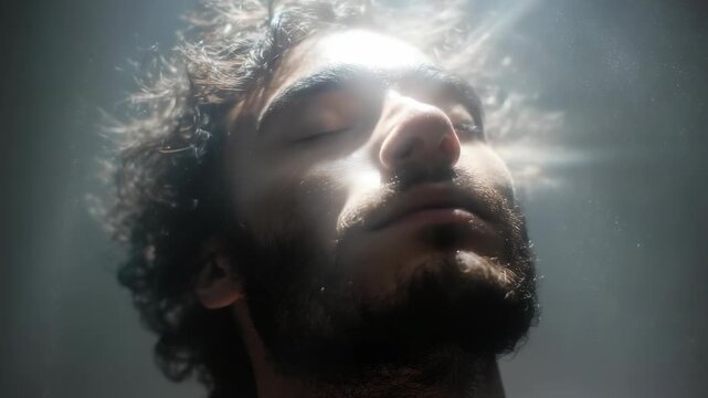 This image captures a bearded man submerged underwater, bathed in soft, ethereal light. The peaceful ambiance and gentle illumination evoke themes of mindfulness, relaxation, and introspection