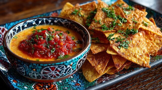 Crispy golden tortilla chips served with a bowl of spicy red salsa and creamy melted queso dip, colorful and inviting snack arrangement, fresh Mexican appetizer platter perfect for parties and snackin