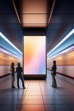 People stand beside glowing digital interface in futuristic transit space with motion blur, warm light, and symmetrical depth. Fits smart mobility, urban tech, and digital systems campaigns.