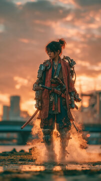 戦国時代の剣士をイメージした武士、刀を持つ侍のシネマティックポートフォリオ
