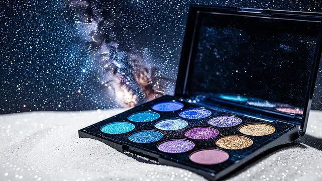 Open Unbranded Eyeshadow Palette Featuring Sparkly Celestial Shades Against Cosmic Background of Twinkling Stars and Galaxies