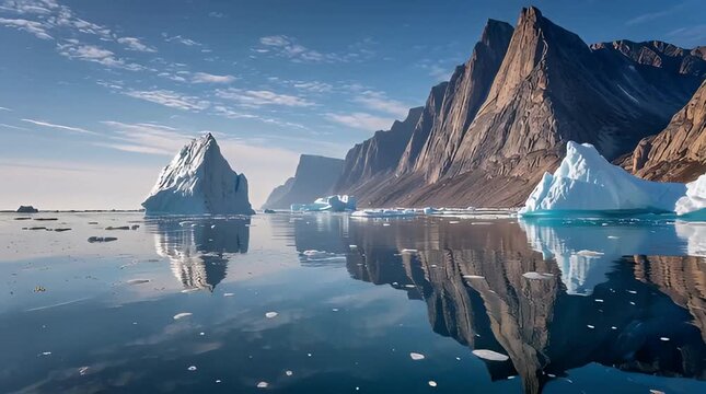 Majestic Arctic Landscape Featuring Towering Icebergs and Rugged Mountains