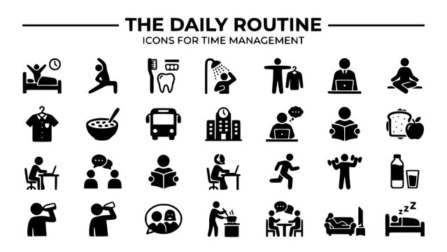 Daily routine and time management icons for home work and leisure activities with lifestyle