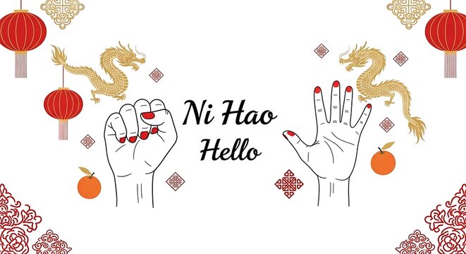 Hands gesture "hello" in Chinese with dragon, lanterns, oranges. Festive decor
