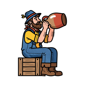 Hillbilly man sitting on a wooden crate drinking from a large jug