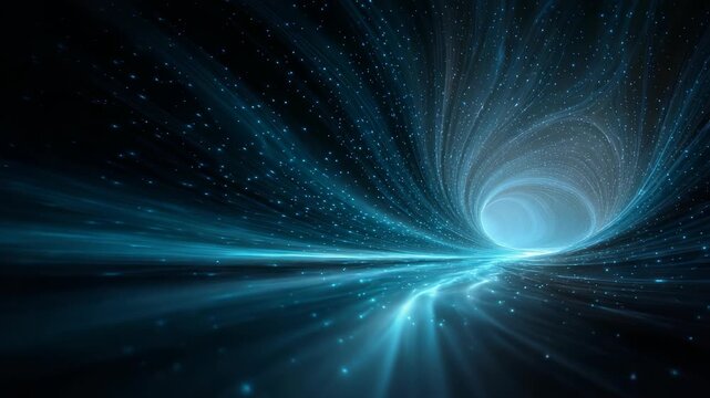 A mesmerizing digital illustration depicts a swirling wormhole tunnel in deep space, filled with radiant blue light and sparkling particles. The scene evokes futuristic travel and cosmic mysteries