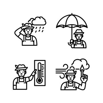 Hillbilly character experiencing various weather conditions icon set