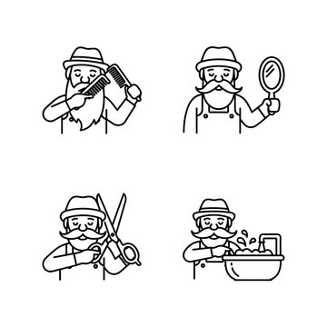 Hillbilly character grooming his long beard and face line art set