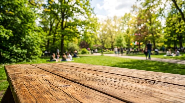 Rustic wooden picnic table in a lush green park with blurred background of trees and people enjoying a sunny day outdoors