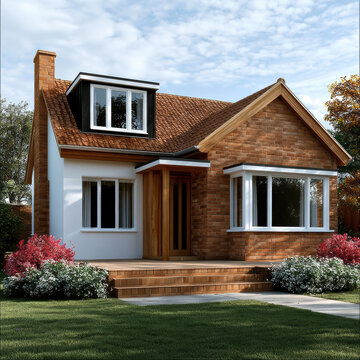 Charming brick house with gable roof, white trim, large windows, wooden porch, lush garden, green lawn, and blue sky