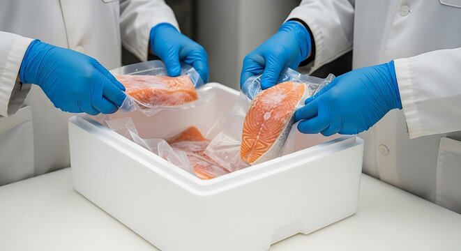 Hands in gloves handling vacuum-packed salmon in a cooler, likely a food processing environment