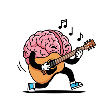 Brain character playing acoustic guitar with musical notes