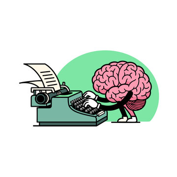 Brain character typing on a vintage typewriter