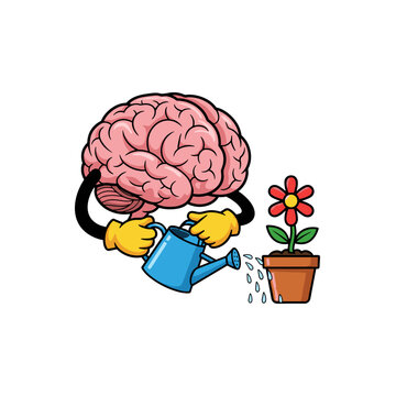 Brain character nurturing a flower for growth and mental health