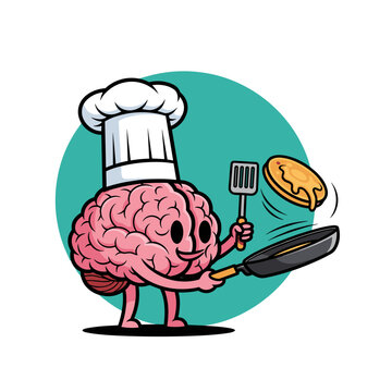 Brain character wearing a chef hat cooking a pancake in a frying pan