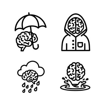 Mental health brain icons for protection and emotional weather concepts