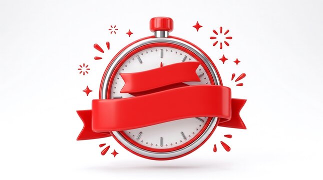 Vibrant 3D cartoon stopwatch with bold red ribbon, sparkles, and festive stars, symbolizing time-sensitive discounts and promotions