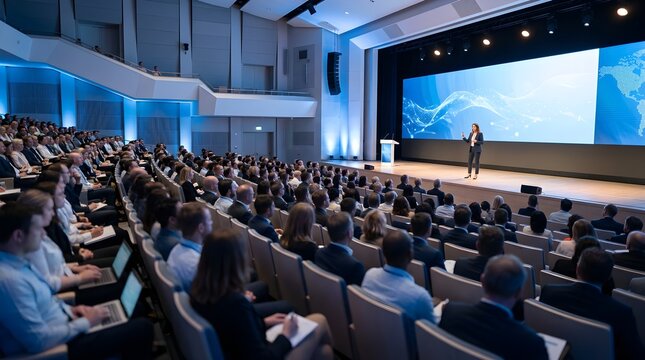 Business conference presentation in a large auditorium with an audience
