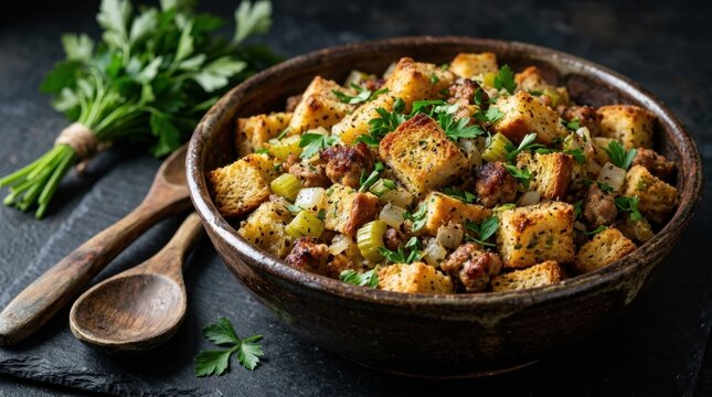 Savory homemade sausage and herb stuffing in a rustic bowl, a classic Thanksgiving side dish