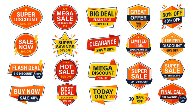Discount labels are displayed on a colorful background for sale now.