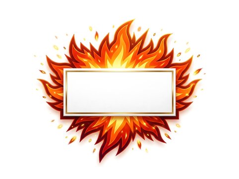 Vibrant stylized fire burst emblem with dynamic orange and red flames surrounding a blank white rectangular frame, isolated on white background