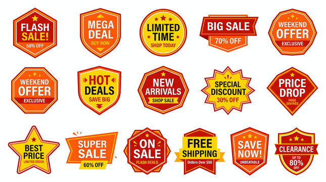 A vibrant collection of sale stickers and badges on display for marketing purposes in a retail environment from a promotional viewpoint.