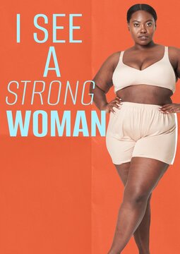 Confident woman in beige activewear against an orange background.