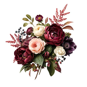 Moody Floral Bouquet with Burgundy Peonies, Blush Roses and Dark Berries Isolated on Transparent Background