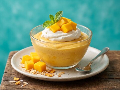 Delicious creamy mango dessert served in a glass bowl with fresh mango chunks and whipped cream on a rustic wooden table