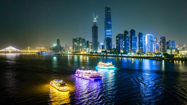 Wuhan Yangtze River Cruise Ships Night Skyline View