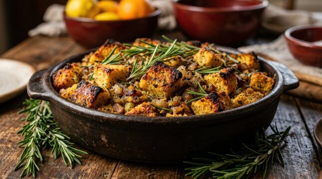 Close-up shot of savory golden brown herb stuffing with rosemary and cranberries in a rustic dish
