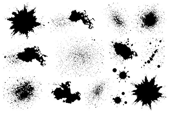 Various black ink splatters and blots on white background.