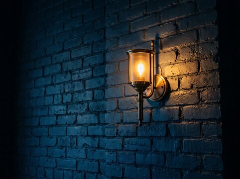 Elegant vintage wall sconce casting warm golden light against a rustic dark brick wall in a moody, atmospheric setting at dusk