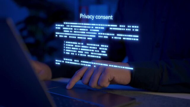 Legal team member reviewing a digital privacy consent form and terms conditions document on a web interface. Concept of user agreement compliance, data protection policy, and legal regulations.