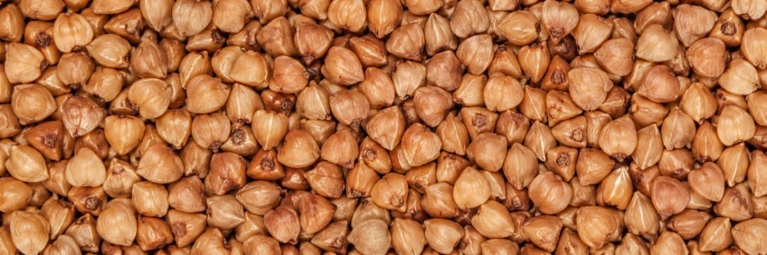 Buckwheat groats background. Dried raw buckwheat seeds pattern. Healthy organic food and natural grain ingredient for cooking. Agriculture texture, vegan diet and nutrition concept.