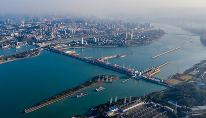 Obraz premium Three Gorges Dam Aerial View - Yangtze River Power Project, China