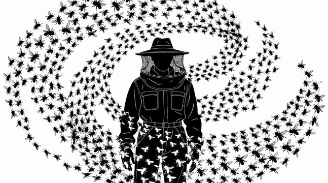 beekeeper surrounded by swirling bees