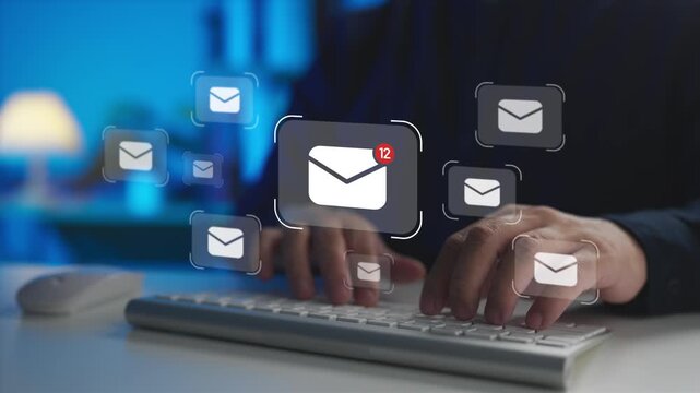 Business team member managing electronic correspondence and receiving new email notifications on a digital interface. Concept of communication workflow, message marketing, and inbox organization.