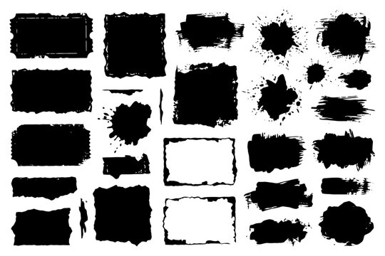 Set of abstract grunge black paint splatters and brush strokes on white background.