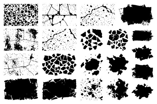 Collection of grunge textures: cracks, splatter, grunge patterns.