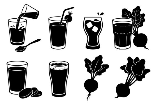 Black silhouettes of vegetable juices and beetroots in glasses.