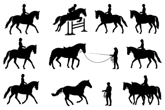 Silhouettes of equestrian activities with male and female riders.
