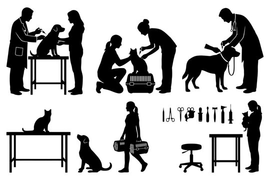 Silhouette scenes of veterinarians caring for dogs and cats.