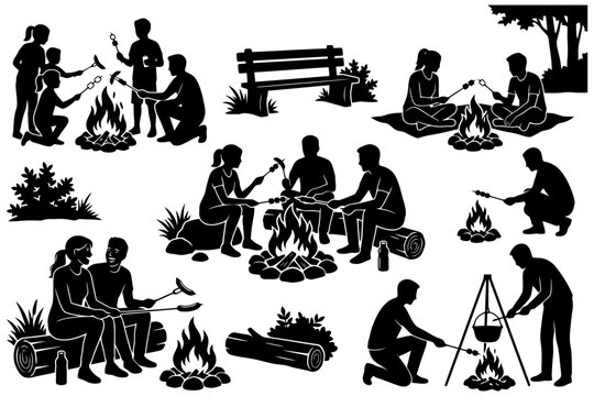 Silhouette scenes of people enjoying campfires and outdoor cooking.